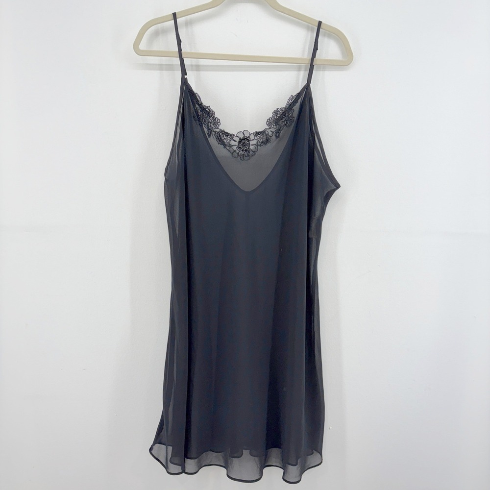 Dentelle Vintage Black Sheer Chiffon Lace Beaded Slip Dress Nightgown Layer L XL